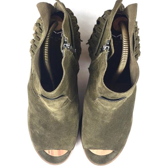 Marc Fisher Suede Fringe Open Toe Booties Women’s 9.5M Army Green Block Heel - Picture 7 of 14